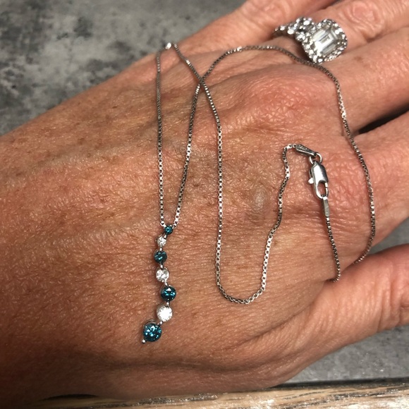 14K White Gold & 1CT Blue/White Diamond Necklace - Picture 2 of 3